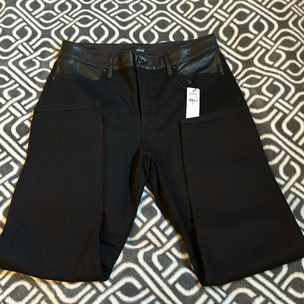 Express Womens High Waisted Black Faux Leather Paneled 90s Skinny Jeans